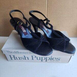 Vintage 70s Hush Puppies Black Suede Peep Toe Slingback Heels Size 9 M